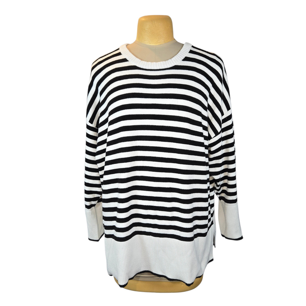 TAHARI Woman 3X Plus Black White Striped Pullover Tunic Sweater Long Sleeve Cozy